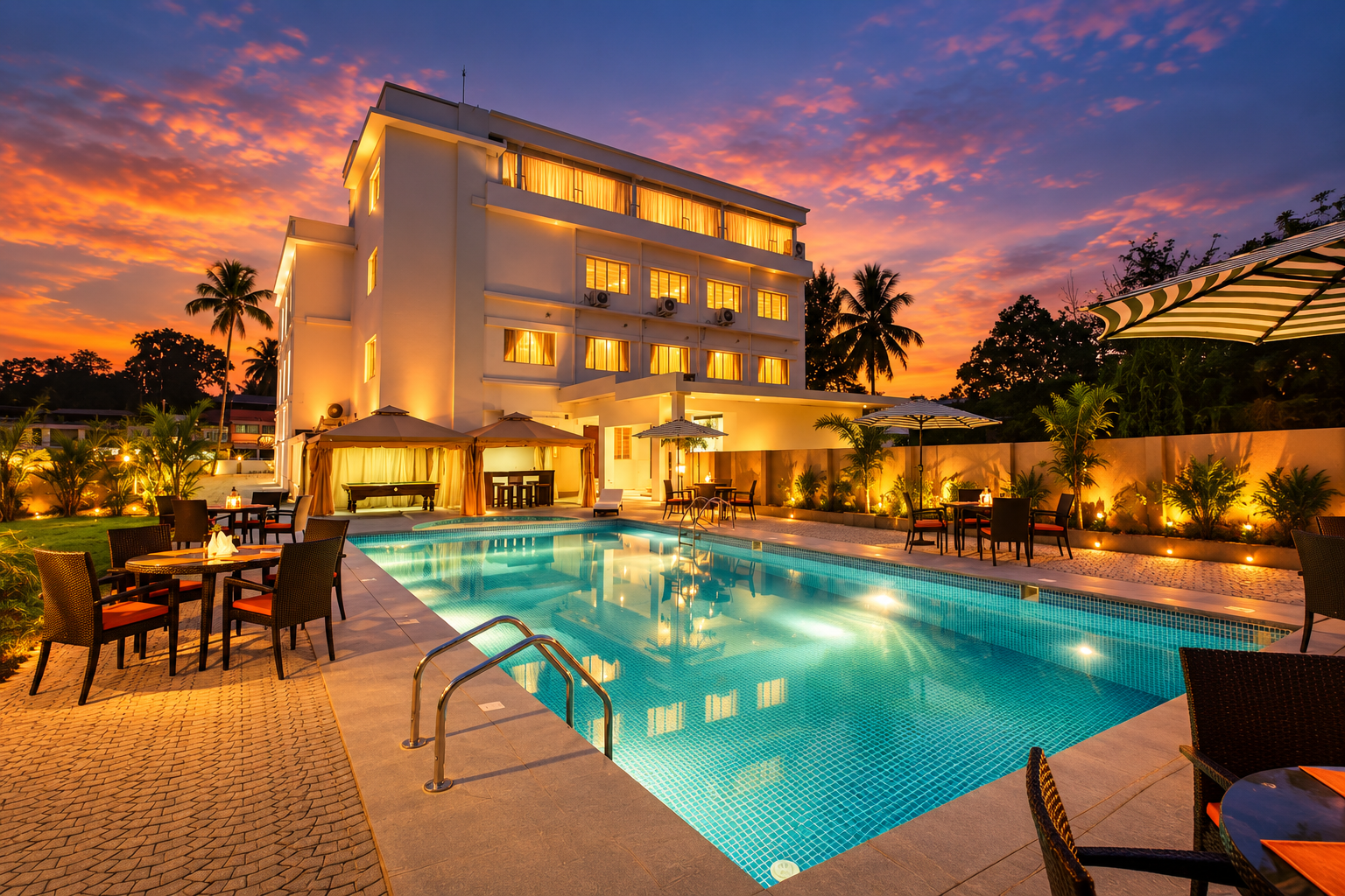 Wyte Portico hotel exterior and entrance at sunset