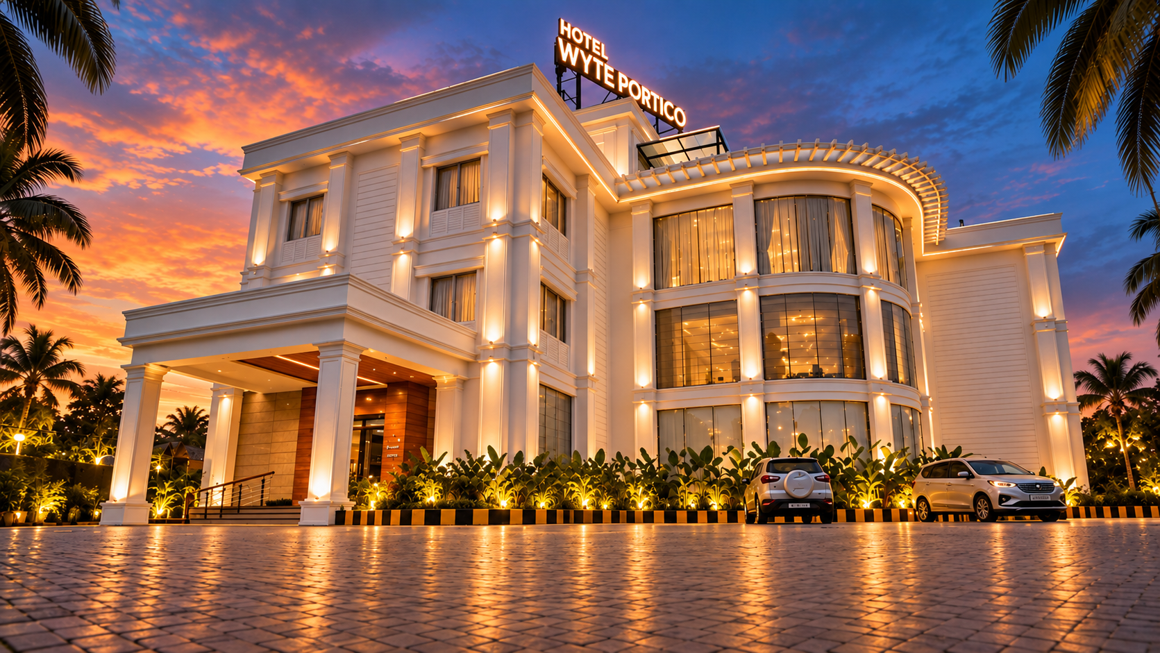 Wyte Portico hotel exterior at sunset